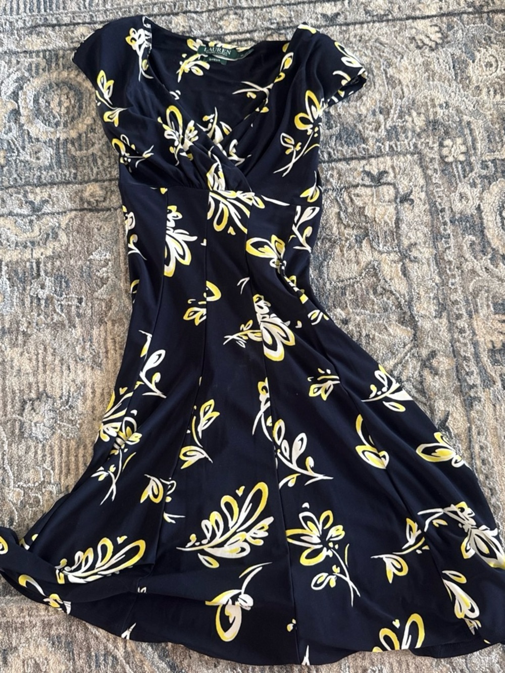 Ralph Lauren Navy Midi Dress with Yellow & White Floral Print